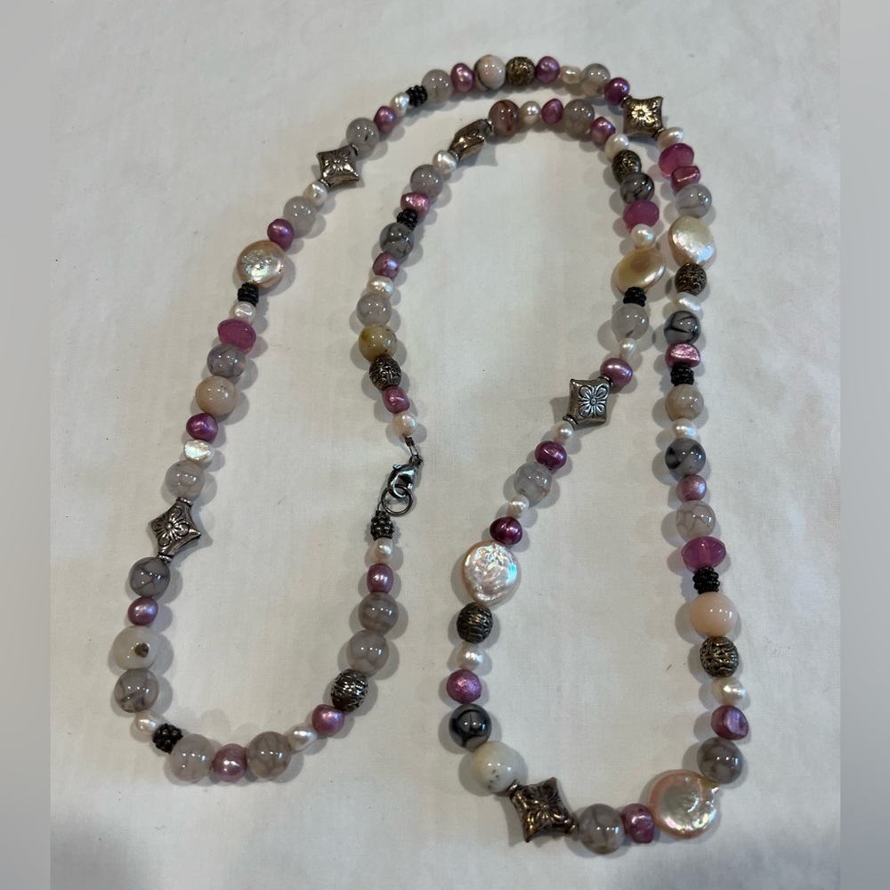 Beautiful pink pearl, stone and sterling silver necklace.